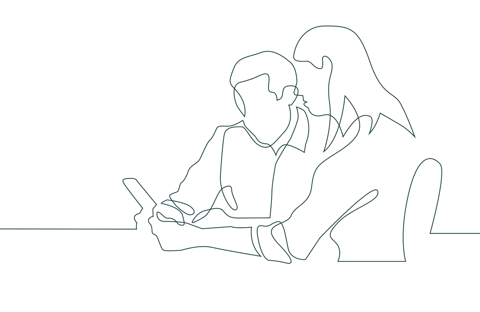 line drawing of people looking at a phone